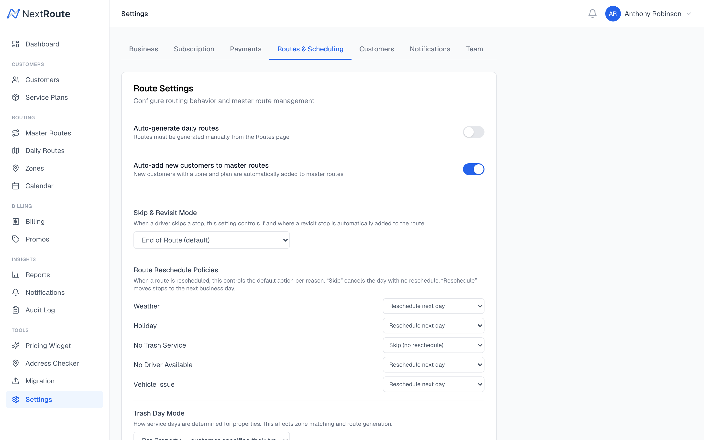 Routes & Scheduling Settings